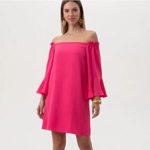 TRINA TURK Knox Off The Shoulder Crepe Dress 3/4 Bell Sleeve Fuchsia Pink Sz XS